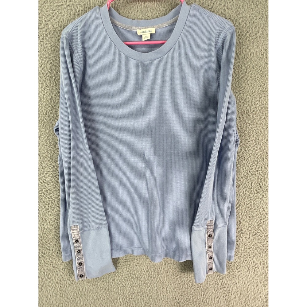 Sundance Thermal Top Womens XL Blue Waffle Knit Velvet Button Cuff Long Sleeve